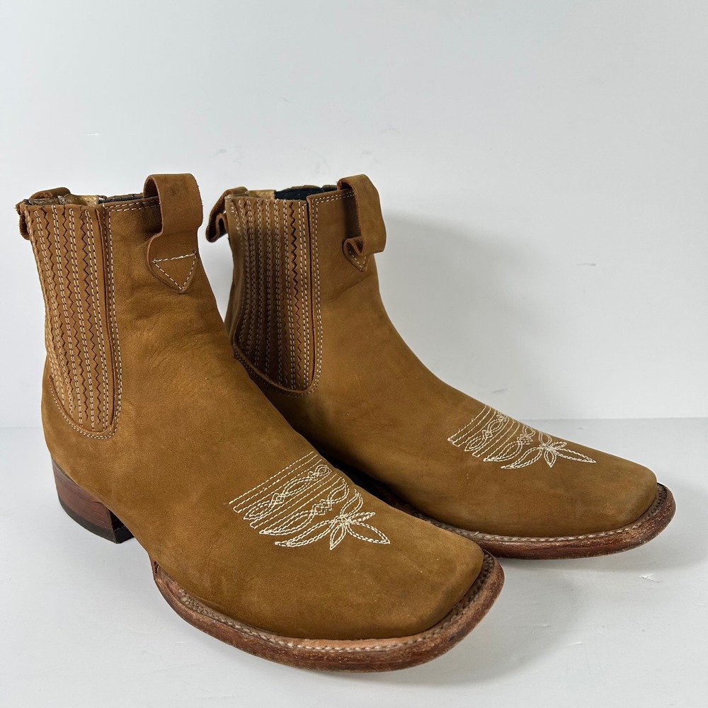 Mens Tan Nubuck Leather Square Toe Western Ankle Roper Boots Handcrafted